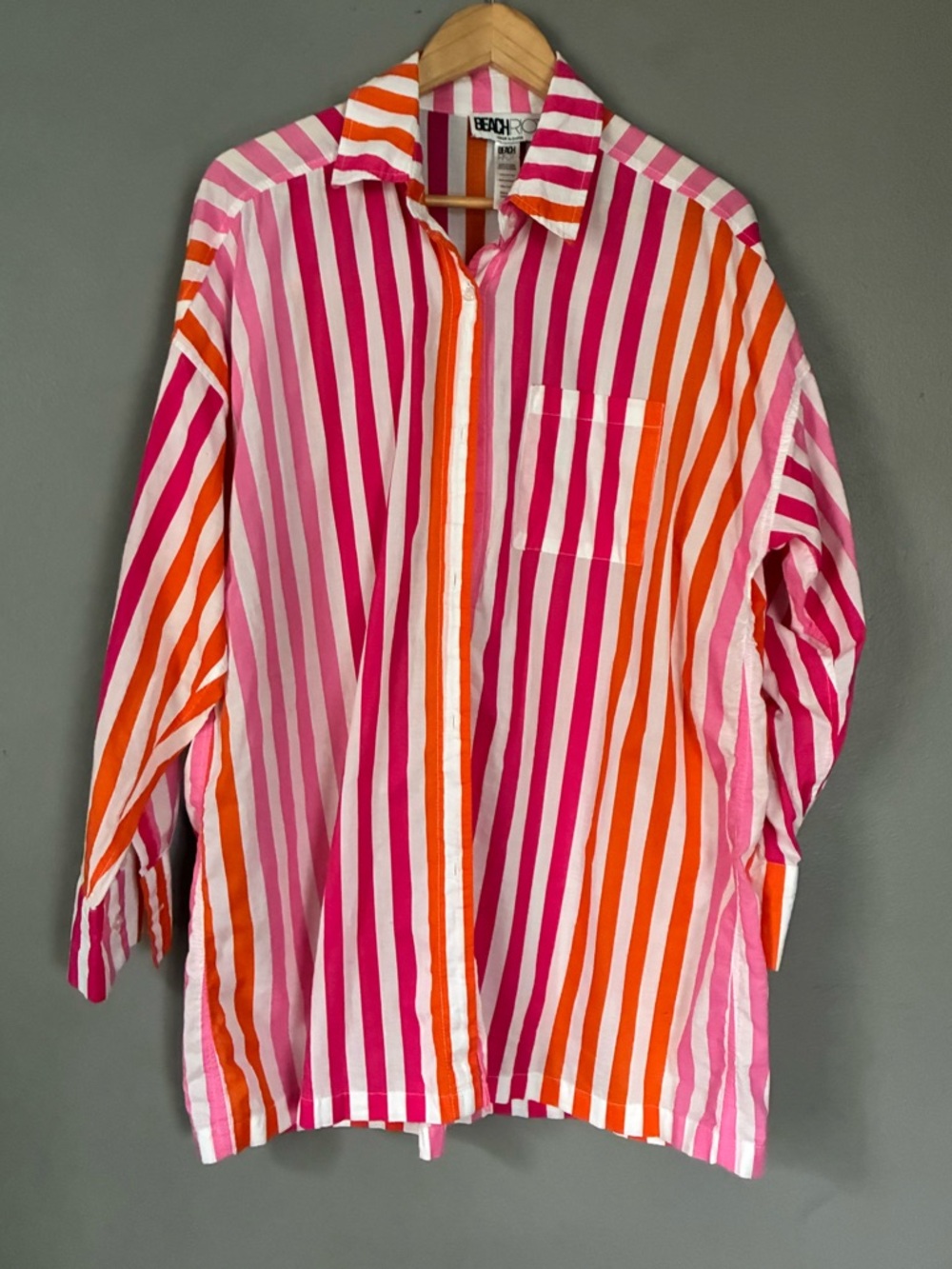 Beach Riot Shirt Womens Large Petite Pink Orange Alexa Striped Cotton Coverup - Picture 2 of 10
